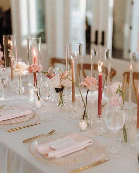 Southern Wedding Decorations, Taper Candle Centerpiece, Blush Wedding Reception, Pink Taper Candles, Taper Candles Wedding, Wedding Reception Tables Centerpieces, Pink Tablescape, Bud Vase Centerpiece, Everything Is Beautiful