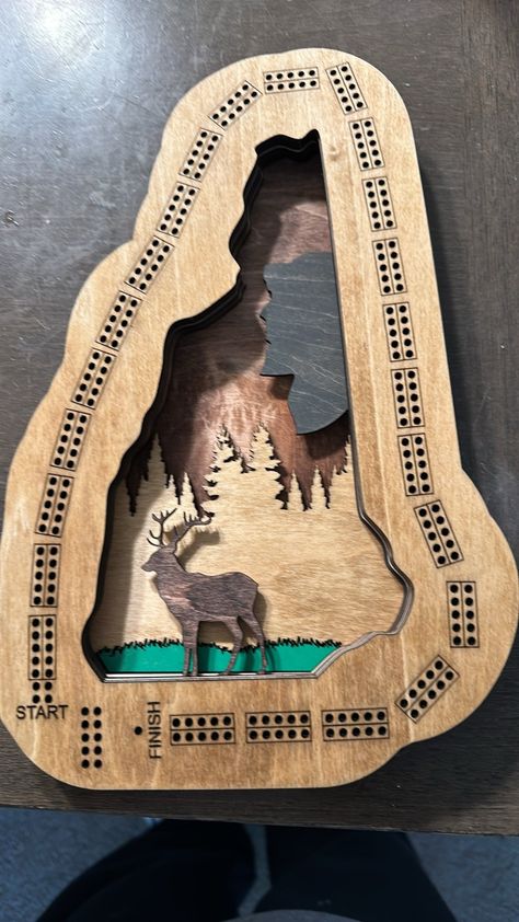 Custom one of a kind cribbage board. Cribbage Board Template Free Printable, Diy Cribbage Board, Unique Cribbage Board, Cribbage Board Template, Deer Tattoo Designs, Bandsaw Projects, Rummy Card Game, Custom Cribbage Board, Festival Games