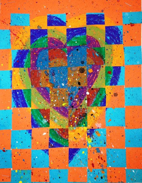 Art 5th Grade, Concentric Hearts, Heart Weaving, Splatter Painting, Jim Dine, Yarn Weaving, 2nd Grade Art, 4th Grade Art, 5th Grade Art