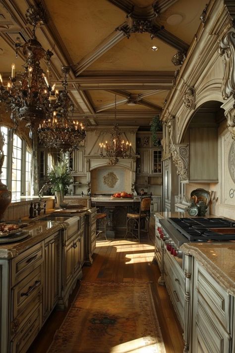 Old world aesthetic kitchen design Old Castle Kitchen, English Manor Houses Interior Kitchen, Kitchen Interior Old Style, Old World House, English Country Estate Kitchen, Old Fashion Interior Design, Old Money Aesthetic Kitchen, Old World Style Kitchen, Castle Aesthetic Kitchen