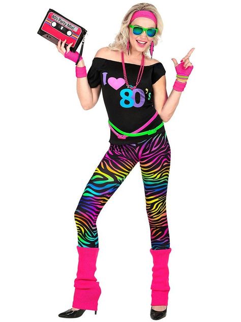 This 80's Girl Costume is just perfect for those  who want to stand out from thre crowd. It has everything you need to be an 80's chick. So push everything to the max, we're talking big hair, bold makeup and neon everything!Material: 100% PolyesterCare: Hand Wash 80 Rock Outfits Women, 80s Neon Outfit, 80s Girl Costume, Eighties Outfits, Disco Party Outfit, 1980s Outfits, Carnaval Outfit, 80s Party Outfits, Neon Leggings