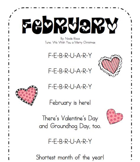 February Song, Calendar Songs, Months Song, Kindergarten Poems, Kindergarten Calendar, Preschool Poems, Math Meeting, Kindergarten February, Circle Time Songs