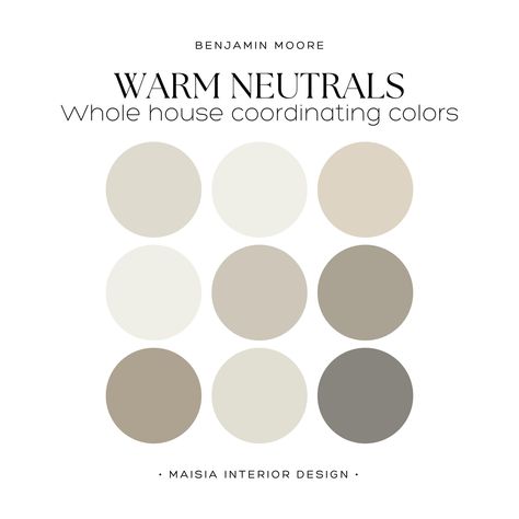 Discover the inviting warmth of SWISS COFFEE within Benjamin Moore's Paint Color Palette, perfect for creating a cohesive whole house paint palette with the best warm neutral color for your home, offering timeless elegance and versatility. These colors have been hand selected by me to create a cohesive Paint Color Scheme that work perfectly together and will give your home a designer touch. Benjamin Moore offers an extensive range of paint colors, each with its distinct undertones, which can som Top Warm Paint Colors, Behr Paint Color Schemes For Home, Popular Indoor Paint Colors, House Paint Interior Colour Schemes Modern, Timeless Home Color Schemes, Cozy Bedroom Paint Colors Benjamin Moore, Whiskers Paint Color, Benjamin Moore Mocha Cream, Bedroom Paint Colors Neutral