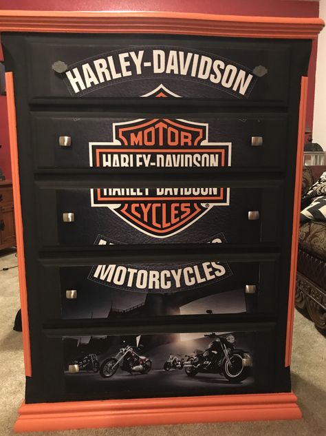 Harley Davidson dresser Harley Davidson Furniture Ideas, Harley Davidson Bedroom Ideas, Harley Davidson Nursery, Harley Davidson Garage Ideas, Harley Davidson Furniture, Rustic Hunting Decor, Harley Davidson Bedding, Harley Davidson Decals, Harley Davidson Decor