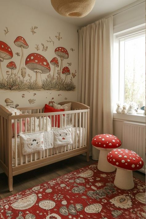 Woodland Nursery Mushrooms, Fairy Mushroom Nursery, Over The Garden Wall Nursery, Woodland Mushroom Nursery, Mushroom Nursery Theme, Toadstool Nursery, Nursery Ideas Twins, Mushroom Themed Nursery, Mushroom Nursery Decor