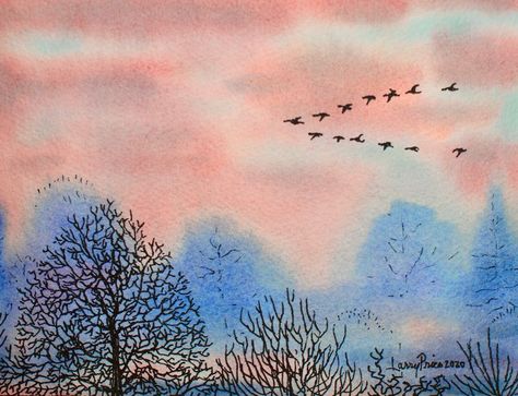 Bird migration, watercolor and ink painting on paper. Bird Migration Illustration, Migration Artwork, Birds Migration, Bird Migration, Migratory Birds, Painting On Paper, Bird Drawings, Bird Illustration, Ink Painting