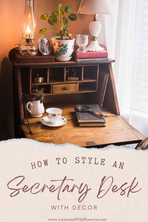 Discover how to style an antique secretary desk with decor. Transform it into a timeless showpiece blending vintage charm and functionality. Secretary Desk Nightstand, Antique Desk Decor Ideas, Antique Secretary Desk Decor, Styling A Secretary Desk, Antique Secretary Desk Styling, Secretary Desk In Bedroom, Secretary Desk Decor, Writing Desk In Bedroom, Repurposed Secretary Desk