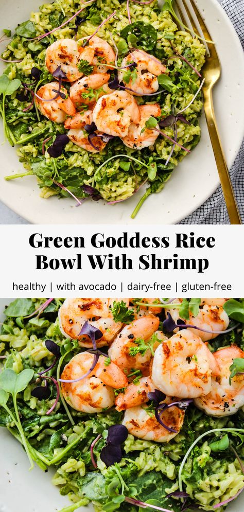 Green Goddess Rice Bowl With Shrimp | Walder Wellness, Dietitian (RD) Shrimp And Brown Rice, Shrimp Rice Bowl, Vegan Avocado Dressing, Walder Wellness, Brown Rice Bowl, Avocado Nutrition, Shrimp Rice, Dorm Food, Seafood Shrimp