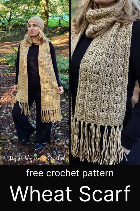 My Hobby Is Crochet: Wheat Scarf - Free Crochet Pattern Crochet Cable Scarf Pattern, Quick Crochet Gifts, Braided Scarf, Knitting Patterns Free Scarf, Half Double Crochet Stitch, Crochet Cable, Crochet Scarf Pattern Free, Crochet Set, Crochet Goodies