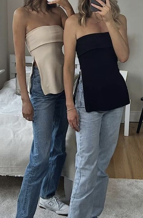 Zara Zipper Top, Strapless Tube Top Outfit, Zara Strapless Top, Split Tube Top Outfit, Strapless Top And Jeans Outfit, Assymetrical Tube Top Outfit, Long Strapless Top, Fold Over Tube Top, Strapless Tube Top