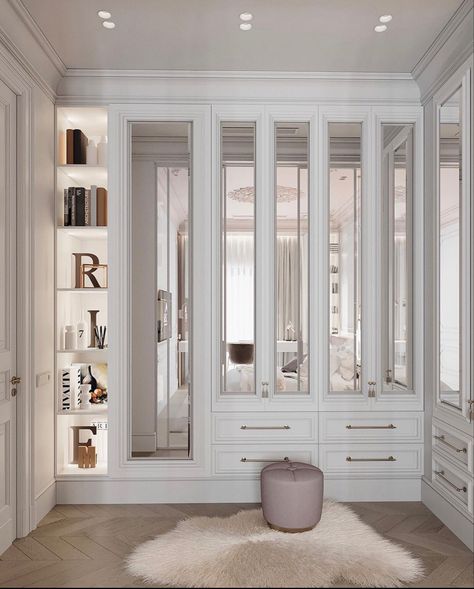 Walkin Closet With Window, Neoclassical Closet, Neoclassical Wardrobe, White Wardrobe Bedroom, Deco Living Room, Walking Closet, White Closet, Dream Closet Design, Modern Cupboard Design