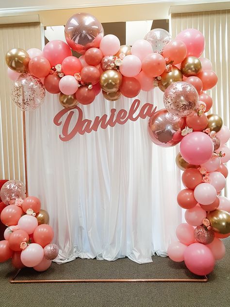 Custom backdrop setup for a birthday party! In Home Birthday Decorations, Pink Backdrops For Parties, Back Drop For Party, 16th Birthday Decorations At Home, Simple 18th Birthday Decorations, Home Made Birthday Decorations, Simple Ballons Decoration At Home, Birthday Setup At Home, Birthday Photobooth Ideas