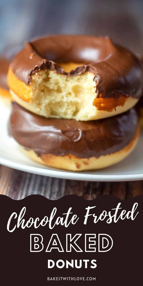 These chocolate frosted baked donuts are a tasty treat for any chocolate lover and they're easy to eat on the go! The smooth chocolate frosting is made right in the microwave and there is no oil or grease required. You can even make these doughnuts the night before and have breakfast ready in the morning! BakeItWithLove.com #bakeitwithlove #donuts #doughnuts #baking #chocolate #frosting #breakfast Best Baked Donut Recipe, Baked Boston Cream Donut Recipe, Donut Mold Ideas, Baked Donut Recipes Chocolate, Chocolate Frosting For Donuts Recipe, Baked Chocolate Donuts Recipe, Chocolate Cake Donuts Baked, Chocolate Frosted Donuts Recipe, Chocolate Frosting Donut