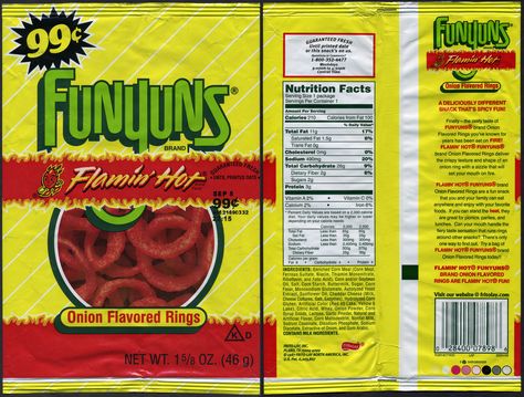 Frito-Lay - Funyuns Flamin' Hot snack package - 2009 Paper Squishy Template Doritos, Mini Chips Ahoy Paper Squishy, Hot Cheetos Tumbler Cup, Funyons Chips, Big Bag Of Takis, Hot Snacks, Lays Chips, Starbucks Design, Frito Lay