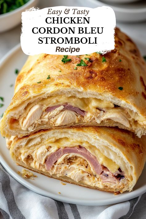 Chicken Cordon Bleu Stromboli Chicken Cordon Bleu Recipes Baked, Chicken Stromboli Recipe Easy, Chicken Cordon Bleu Stromboli, Stromboli Chicken, Chicken Stromboli Recipe, Chicken Stromboli, Chicken Cordon Bleu Sandwich, Busy Weeknight Meals, Stromboli Recipe Easy