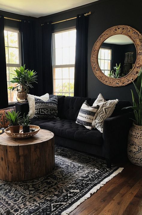 40 Black Bohemian Living Room Ideas Black Aesthetic Living Room Ideas, Black Living Room With Plants, Small Black Living Room Ideas, Black Painted Living Room, Living Room Ideas Black Couch, Black Aesthetic Living Room, Goth Living Room Ideas, Dark Living Room Aesthetic, Botanical Cottagecore