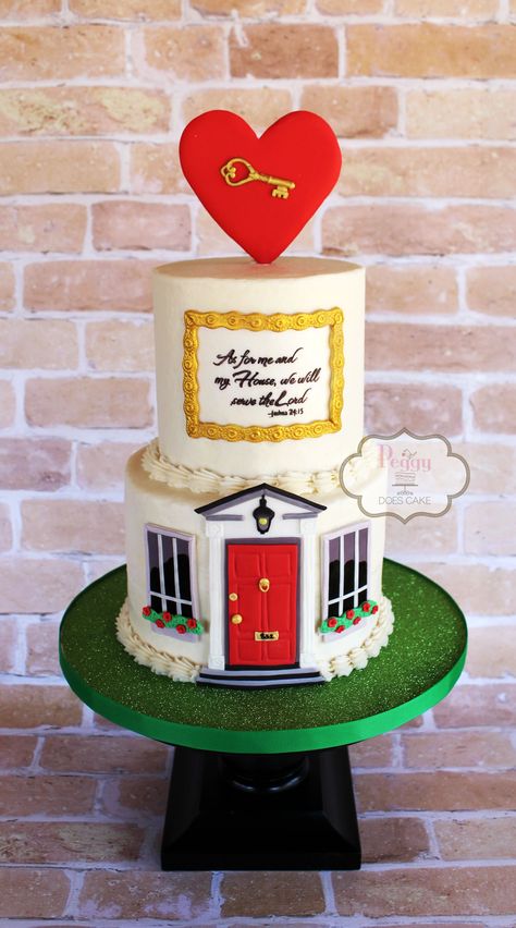 Home is where the heart is cake! #housewarmingcake #housewarmingpartycake #homesweethomecake #homeiswheretheheartiscake #Housecake #newhousecake #Frontdoorcake #housekeycake #peggydoescake Realtor Cake, Housewarming Cakes, Home Sweet Home Cake, Birdhouse Cake, Building Cake, Housewarming Cake, Crusting Buttercream, House Cake, Buttercream Cakes