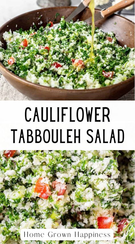 This fresh cauliflower tabbouleh salad uses cauliflower to replace the bulgar wheat that’s usually found in tabbouleh. It’s such a refreshing salad with bright colours and zingy flavour thanks to fresh herbs and lemon. It makes a fresh and healthy side dish. This cauliflower rice tabbouleh salad has no bulgar wheat so it’s a gluten-free and low carb tabbouleh. There’s also the addition of cucumber for a little extra texture Food Arabic, Cauliflower Tabbouleh, Mediterranean Salad Recipe, Arabic Recipes, Tabbouleh Salad, Mom Recipes, Easy Mediterranean Diet Recipes, Vegan Salads, Lebanese Food