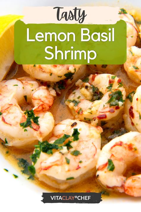 Basil Shrimp Recipes, Shrimp Basil Recipes, Shrimp And Basil Recipes, Basil Recipes Dinner Ideas, Grilled Scallops Recipe, Grilled Shrimp Marinade, Vitaclay Recipes, Basil Shrimp, Recipe Using Lemons