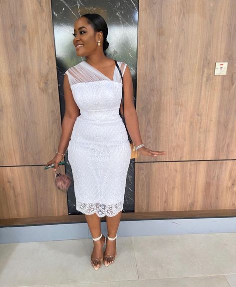 Crossett Dress, Ankara White Dress Styles, Lace Fitting Dress Styles, Short White Lace Gown, Lace White Dress Short Classy, White Lace Dress Styles Ghana For Church, White Lace Dress Short Classy, Short Lace Dress Styles Ghana, White Asoebi Lace Styles