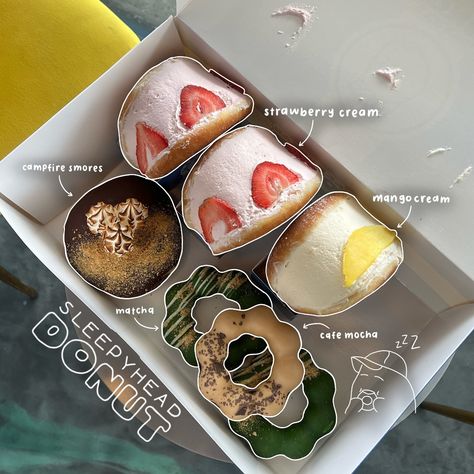 dessert @ sleepyhead donut 11/24/2024 🥭 mango cream donut 🍓 strawberry cream donut 🍫 campfire smores ☕️ cafe mocha 🍵 matcha the most gigantic and fluffy cream donuts + mochi donuts at @sleepyheaddonut !! suuuuuper yummy and so. much. cream. the cafe mocha and matcha donuts also had such a strong flavor that was sooo so yummy! #lasvegas #vegas #food #foodie #yum #f1 #vegasgp #donuts #mochidonuts #dessert #explore #fyp Campfire Smores, Cream Donut, Matcha Cafe, Cafe Mocha, Vegas Food, Strawberry Donuts, Mango Cream, Café Mocha, Strawberry Cream