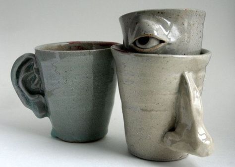 Unique Mug Handle, Creative Mug Handles, Fun Mug Handles, Handthrown Mug, Cool Mug Handles, Fun Ceramic Mugs, Hand Built Cups, Ceramic Mug Handmade, Ceramics Cup Ideas