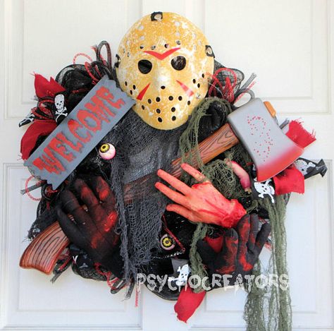 Halloween Jason Wreath Friday the 13th Movie Inspired Movie Decorations, Friday The 13th Movie, Scary Halloween Wreath, October Decor, Halloween Jason, Spooky Wreath, Camp Crystal Lake, Happy Haunting, 18th Bday