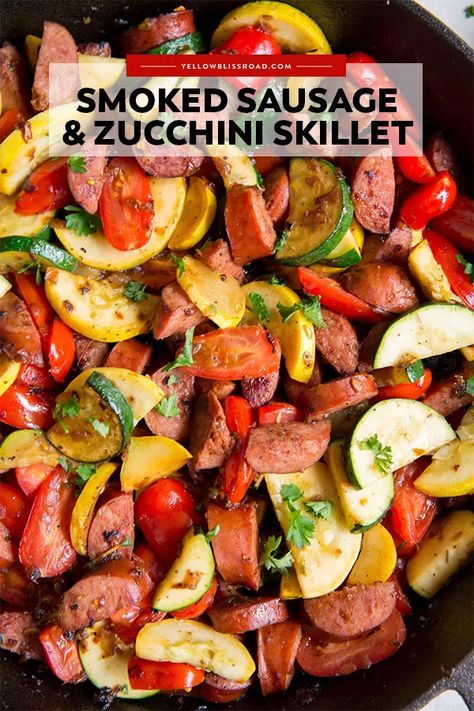 This Smoked Sausage and Zucchini Skillet has loads of flavor and veggies for a quick 20 meal! Serve over rice or pasta for a dinner to satisfy everyone! Kielbasa And Tomato Recipes, Polish Sausage And Zucchini Recipes, Squash And Smoked Sausage, Low Calorie Smoked Sausage Recipes, Zucchini Squash And Sausage Recipes, Kielbasa Zucchini Recipes, Smoked Sausage And Squash Recipes, Smoked Sausage And Veggies One Pan, Smoked Sausage Meal Prep