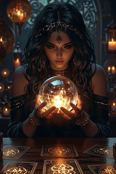 Clairvoyant Signs, Ascended Masters Oracle Cards, Witch Crystal Ball, Long Hair Brown, Straight Long Hair, Dark Table, Magical Crystal, Magical Women, Witch Tattoo