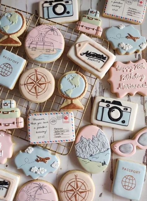 Travel Theme Strawberries, Map Cookies Decorated, Travel Theme Cookies Royal Icing, Travel Theme Cupcakes Ideas, Travel Cookies Ideas, Travel Cupcakes Ideas, Suitcase Cookies Decorated, Travel Bridal Shower Cookies, Travel Themed Cupcakes