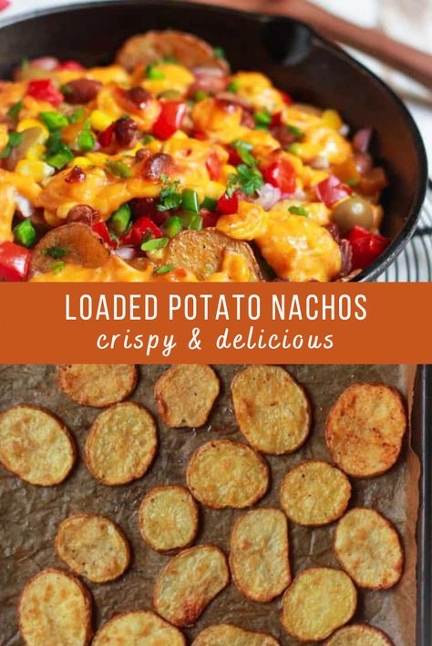 Roasted Potato Nachos, Steak And Potato Nachos, Loaded Potato Chip Nachos, Potato Wedge Nachos, Potato Nachos Vegan, Potato Wedges Loaded, Potatoe Nachos Recipe, Potato Nachos Air Fryer, Potato Nachos Pioneer Woman