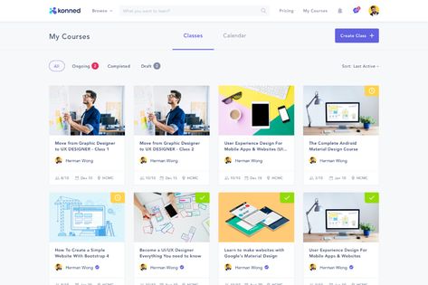 Konned – My Courses by Sang Nguyen on Dribbble Blogging Templates, Website Course, Google Material Design, Course Web, Card Ui, Ui Design Website, Learning Projects, Blog Layout, Website Design Layout