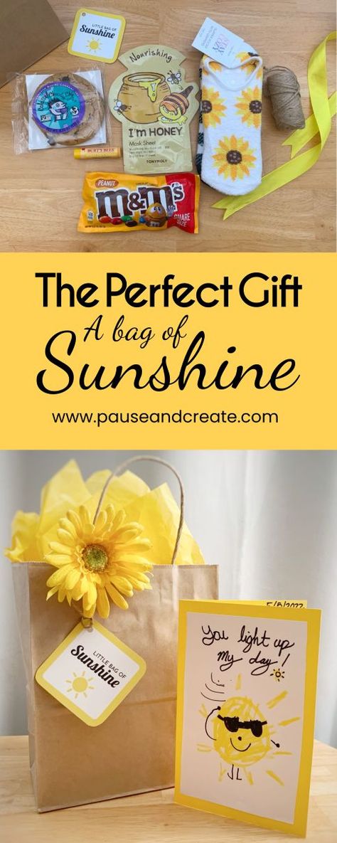 A Bag of Sunshine | By PauseAndCreate #abagofsunshine #perfectgift #mothersday2022 Sunshine Bag Ideas, Bag Of Sunshine, Sunshine Box, Staff Appreciation Gifts, Teachers Appreciation, Box Of Sunshine, Get Well Soon Gifts, Staff Appreciation, Care Packages