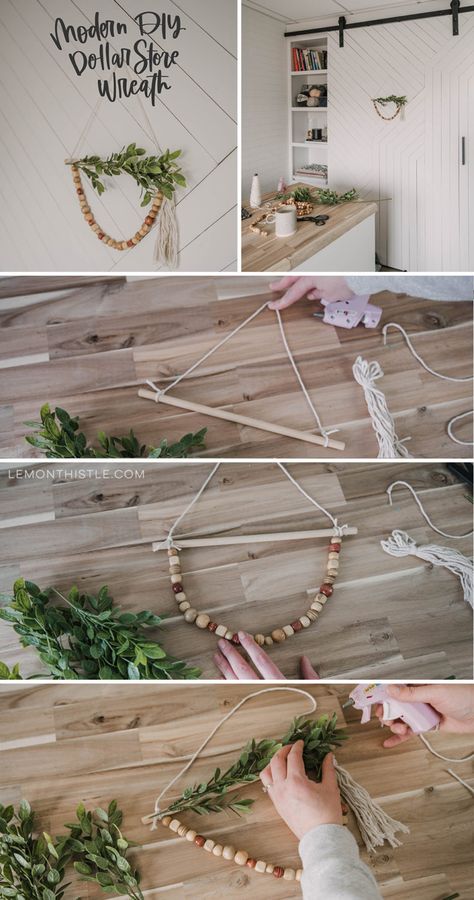 Diy Boho Crafts Home Decor, Diy Dollar Tree Wreath Spring, Homemade Boho Decor, Diy Wooden Wreath, Diy Dollar Tree Boho Decor, Bead Garland Decor Ideas, Dollar Tree Boho Diy, Dollar Store Spring Crafts, Spring Decorating Ideas Diy