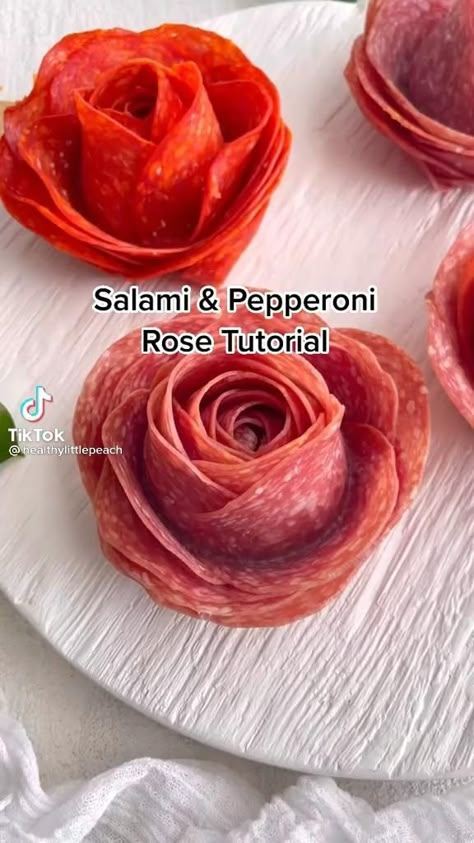 Salami & Pepperoni Roses [Video] | Food carving, Easy food art, Food garnishes Roses Video, Decorações Com Comidas, Charcuterie Inspiration, Homemade Hamburgers, Party Food Platters, Charcuterie Recipes, Food Carving, Easy Food Art, Dandelion Recipes