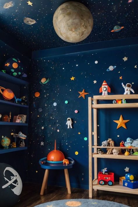 Space-themed kids' playroom with dark blue walls, glow-in-the-dark stars and planets, a rocket-shaped bookshelf, and astronaut toys. Space Playroom, Dark Stars, Space Adventure, Kids' Playroom, Playroom Design, Dark Star, Decoration Idea, Space Theme, Glow In The Dark