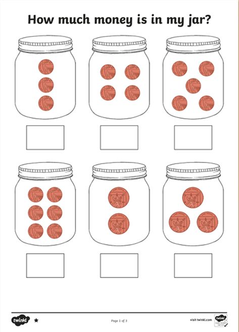 One of the key concepts of financial literacy is to learn about saving money. It is essential that children understand the importance and value of money through meaningful and familiar contexts, e.g. money in my jar, coin counting money box. Included in this set of differentiated activity sheets are a range of jars consisting of different amounts of British coins. Sign up to Twinkl to download this resource.   #maths #mathsworksheets #iteachmaths #teaching #teacher #twinkl #twinklresources Money Recognition Activities, Money Activities Eyfs, Money Activities For Preschool, Money Activities For Kindergarten, Money Activities For Kids, Jar Worksheet, Counting Money Worksheets, Money Math Worksheets, Learning Money