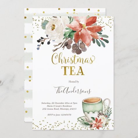 Pretty Christmas Tea Party Invitation Christmas Tea Party Invitations Printable, Christmas Baby Shower Invitations, Party Ideas For Birthday, Holiday Tea Party, Christmas Bridal Shower Invitations, Tea Party Baby Shower Invitations, God Bless Us Everyone, Tea Party Cookies, Annual Christmas Party