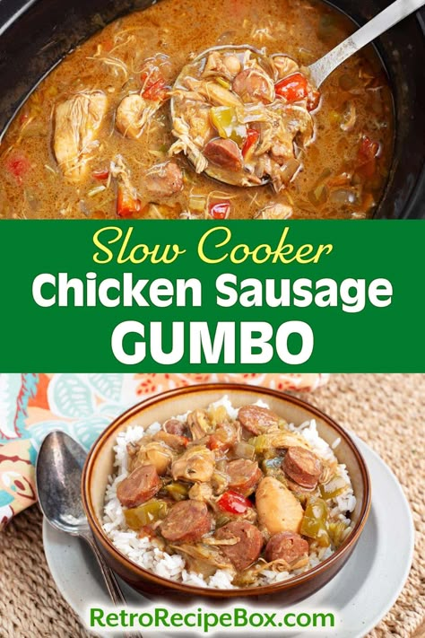 Slow Cooker Chicken Sausage Gumbo recipe is a dish that epitomizes Southern comfort food. Delicious Slow Cooker Chicken Sausage Gumbo will fill your kitchen with delectable smells and give you a fabulous meal. There's nothing quite like a warm bowl of crockpot gumbo to transport you to the heart of New Orleans. crock pot gumbo recipe, retrorecipebox.com, crockpot dinners, slow cooker dinners, homemade gumbo, easy gumbo Crockpot Gumbo Chicken And Sausage, Chicken Sausage Gumbo Soup, Sausage Gumbo Recipe Crock Pots, Slow Cooker Chicken And Sausage Gumbo, Crock Pot Gumbo Recipe, Crockpot Chicken Gumbo, Crockpot Recipes Gumbo, Chicken Sausage Gumbo Crockpot, Gumbo Easy Recipes