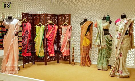 Saree Exhibition Display, Saree Mannequin Display, Saree Display Ideas Showroom, Saree Collection Latest, Saree Display, Textile Showroom, Designer Saree For Wedding, Haldi Saree, Summer Saree