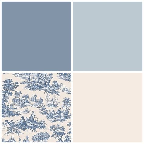 French Blue Accent Wall, Creme And Blue Aesthetic, French Blue Bed, China Blue Color Palette, Cream And Blue Palette, French Blue Decor Interior Design, Neutral Kitchen With Blue Accents, Blue Coastal Color Palette, Antique Blue Color Palette