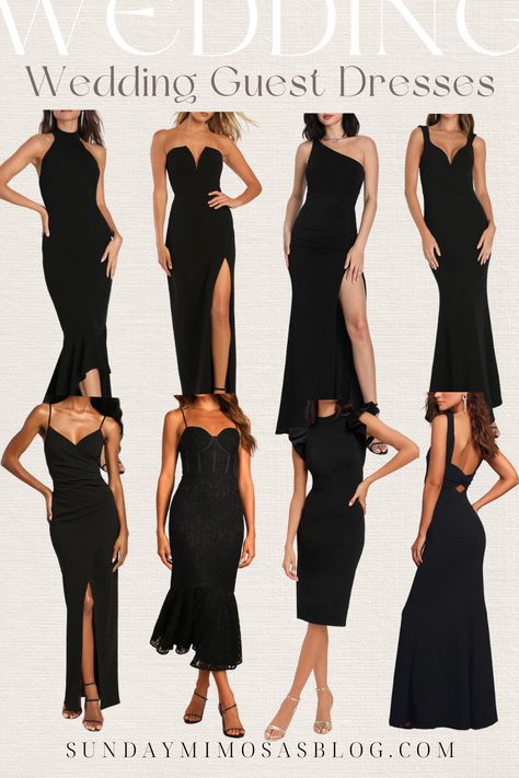 Attending a Fall wedding and need a formal black dress!? We've got you covered! Here are our top picks for elegant black wedding guest dresses for Fall. A mix of strapless, one shoulder, lace and halter style dresses for a formal wedding. For more wedding guest dresses and wedding guest fashion click here! Formal Black Wedding Guest Dress, Fall Black Wedding, Dresses For A Formal, Wedding Guest Dress Code, Black Tie Wedding Attire, Wedding Guest Fashion, Black Wedding Guest, Wedding Guess Dress, Black Wedding Guest Dresses