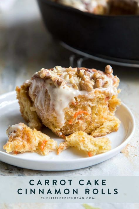 Carrot Cake Cinnamon Rolls - The Little Epicurean Carrot Cake Cinnamon Rolls, Cake Cinnamon Rolls, Cake Cinnamon, Fluffy Cinnamon Rolls, Inside Cake, Cinnamon Twists, Baked Rolls, Cinnamon Roll Cake, Whipped Cream Cheese