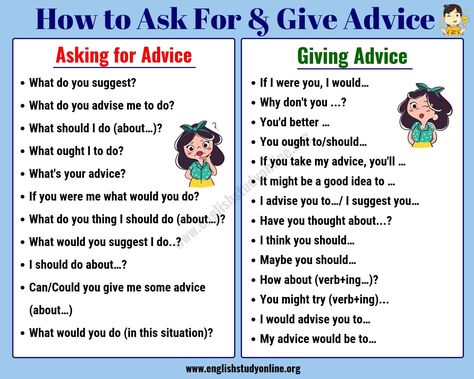 Simple Ways to Ask for & Give Advice in English | Ask For Advice - English Study Online Other Words For Good, Words For Good, English Conversation Learning, Giving Advice, Common Phrases, English Vocab, German Language Learning, Learn English Grammar, English Writing Skills