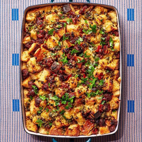 Chorizo and Calabrian Chile Stuffing Recipe | Bon Appétit Chorizo Stuffing, Bread Sides, How To Make Stuffing, Best Stuffing Recipe, Thanksgiving 2022, Homemade Stuffing, Stuffing Recipes For Thanksgiving, Sage Sausage, Thanksgiving Stuffing