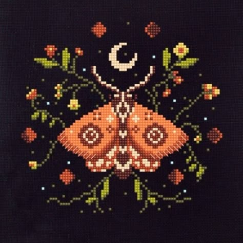 "🧵✨ Seeking inspiration for your next stitch? Check out my latest collection of cross stitch patterns. Let's get creative together! #CrossStitchInspiration #StitchingArt #DIYProjects #CraftIdeas #Needlework #StitchPatterns #CreativeCrafts" Luna Moth Cross Stitch Pattern Free, Whimsical Cross Stitch, Moth Pixel Art, Witchy Cross Stitch Patterns, Moth Crochet Pattern, Cottagecore Cross Stitch, Dark Cross Stitch, Cross Stitch Witch, Moth Cross Stitch