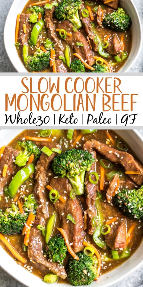 This easy slow cooker Mongolian beef is quick to throw into the crock pot, and is Whole30, Paleo, low carb and gluten-free. It only needs a handful of simple ingredients to make the sauce, along with flank steak, carrots, bell pepper and broccoli for the vegetables. This family friendly meal is perfect for dinner or for a healthy meal prep recipe! #whole30recipes #whole30beef #mongolianbeef #slowcooker #crockpot Slow Cooker Mongolian Beef, Low Carb Dinner Easy, Paleo Slow Cooker, Flank Steak Recipes, Low Carb Slow Cooker, Boiled Egg Diet Plan, Paleo Crockpot, Paleo Low Carb, Mongolian Beef