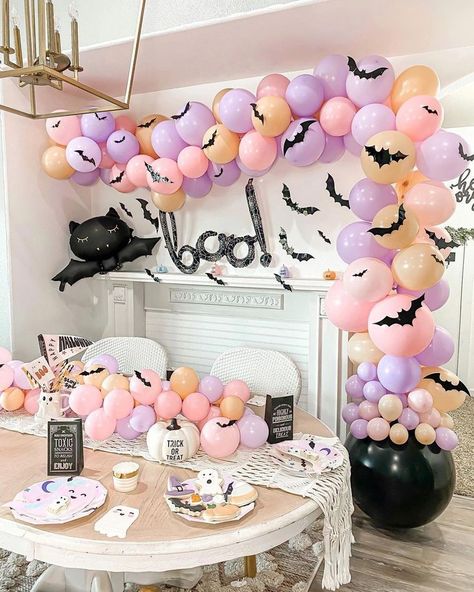 pink halloween party, girly halloween party, pink halloween, pastel halloween party Spooky One Pastel Birthday, Pastel Halloween Party, Halloween Shower Ideas, Pink Halloween Party, Halloween First Birthday, Halloween Decorations Ideas, October Baby Showers, Halloween 1st Birthdays, Halloween Themed Birthday Party