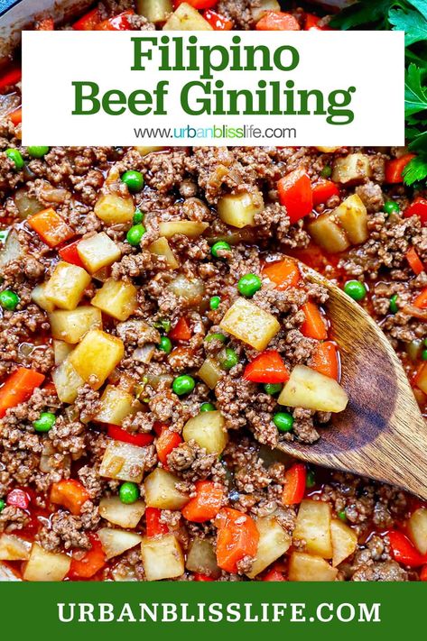 Filipino Beef Giniling is similar to Filipino Picadillo, and is an easy one-pan recipe. With ground beef, chopped vegetables, and a delicious sauce full of beautiful Pinoy flavors. Recipe at UrbanBlissLife.com. Filipino Ground Beef And Potatoes, Giniling Recipe Ground Beef, Filipino Giniling Recipe, Nilagang Baka Recipe Filipino Food, Filipino Picadillo Recipe Ground Beef, Beef Nilaga Filipino Food, Filipino Ground Beef Recipes, Giniling Recipe Filipino Food, Filipino Picadillo Recipe