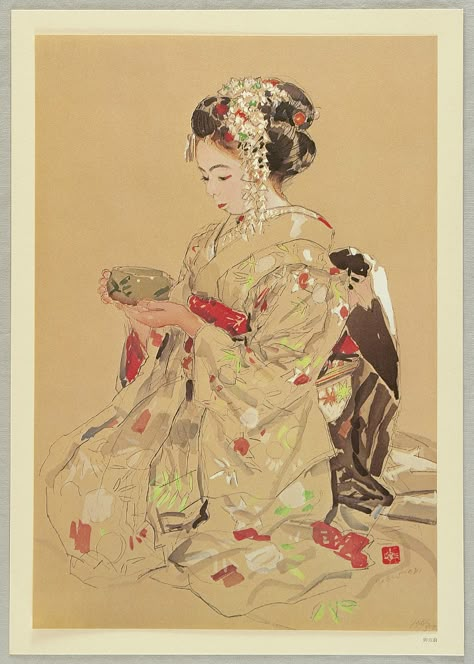 Saburo Miyamoto 1905-1974 - Twelve Maiko Subjects - Tea Ceremony - artelino Geisha Tea Ceremony, Japanese Tea Ceremony Illustration, Maiko Illustration, Traditional Japanese Painting, Japanese Traditional Art, A Level Art Sketchbook, Geisha Art, Japanese Art Prints, Japanese Artwork